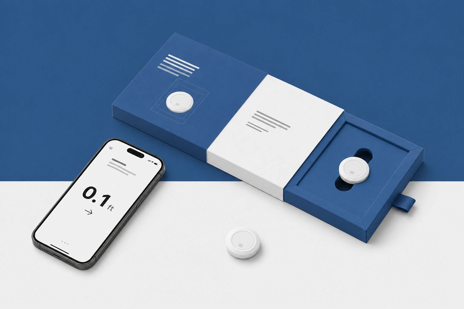 Isometric blue and white tracking kit with a smartphone and round white tags